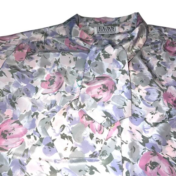 Vintage 80’s Cap Sleeve Button Front Cravat Bow Blouse Russ Petites Florals PM - Picture 3 of 8